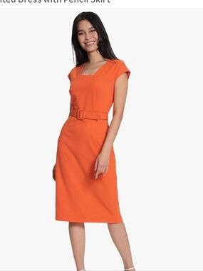 Maggy London Bright Orange Square-Neck Belted Sheath Dress - Size 16